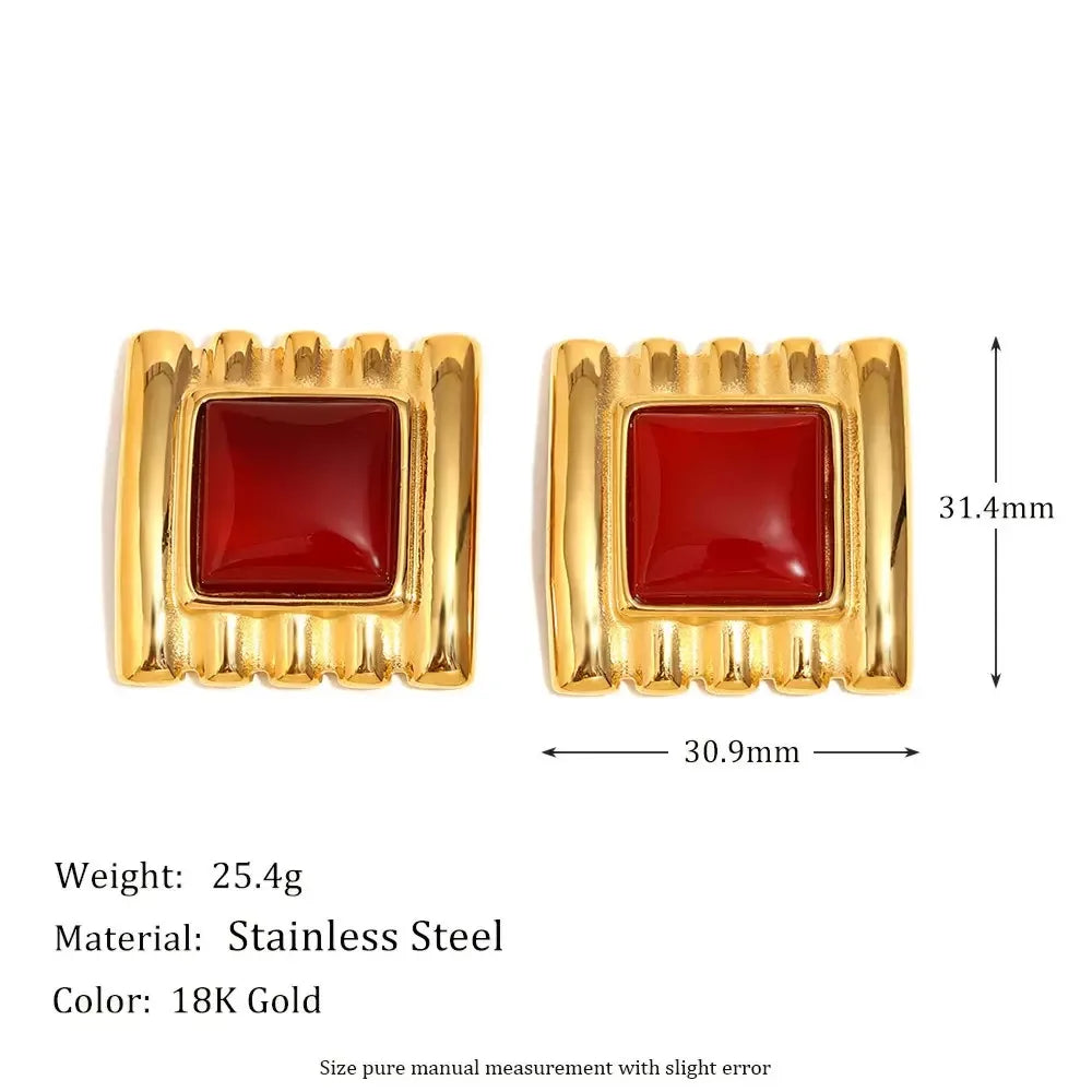 Square Striped Frame Red Earrings