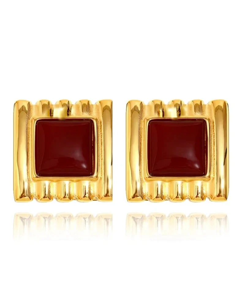 Square Striped Frame Red Earrings