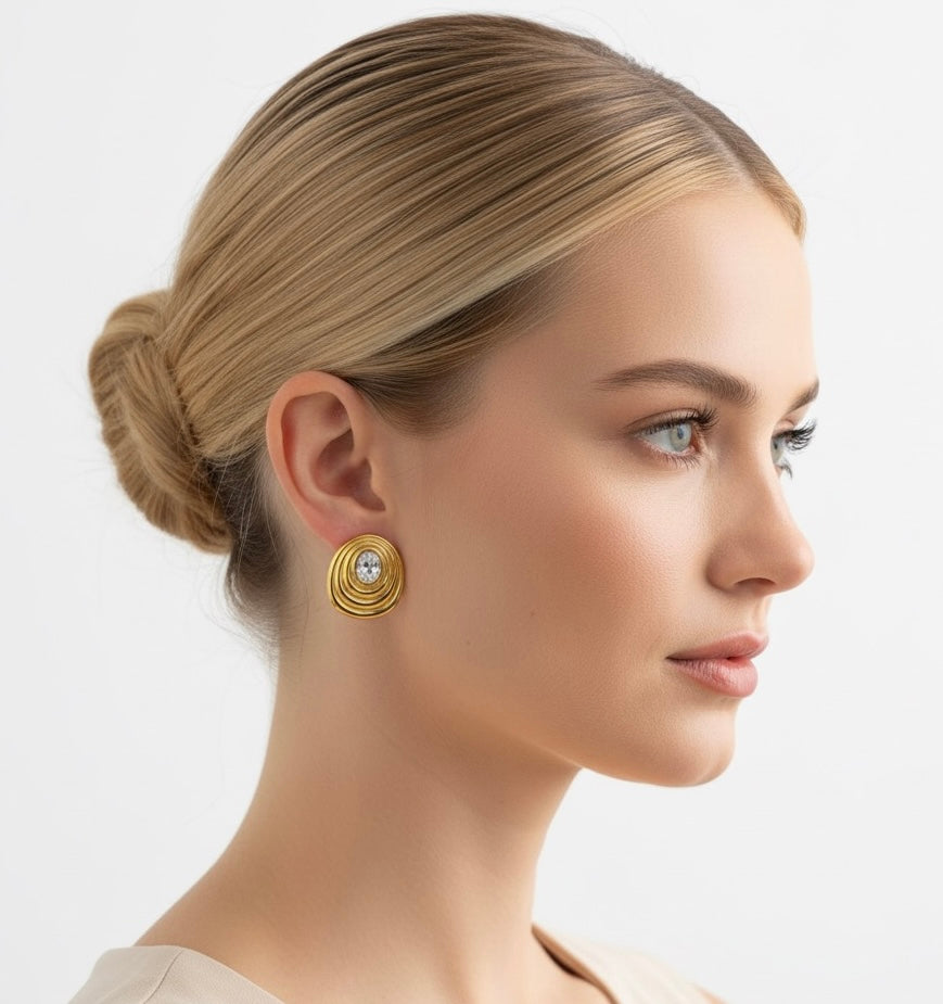 Round White Zircon Ribbed Ear Studs