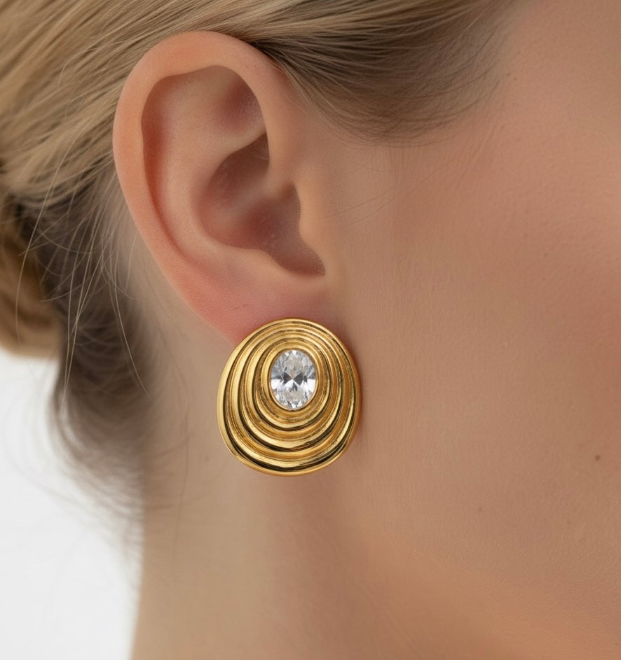 Round White Zircon Ribbed Ear Studs