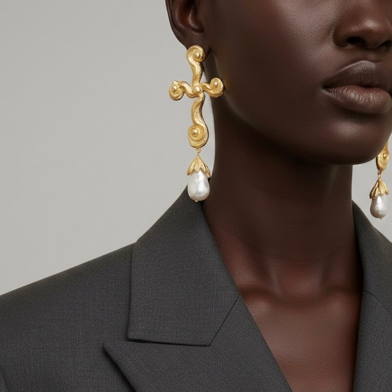 Baroque Pearl Cross Earrings