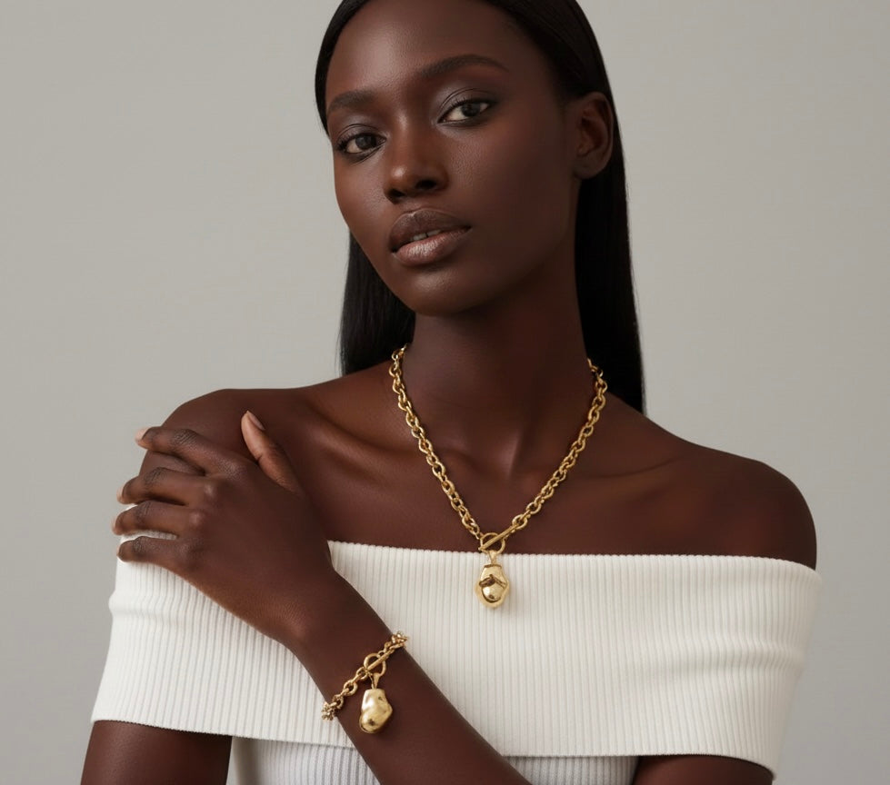 Gold Pearl Chain Necklace & Bracelet