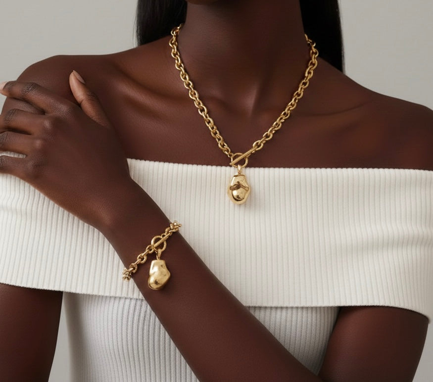 Gold Pearl Chain Necklace & Bracelet