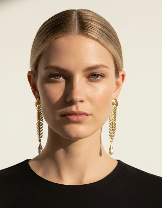 Pearl Fishbone Dangle Earrings