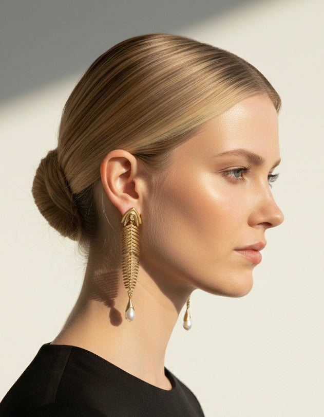 Pearl Fishbone Dangle Earrings