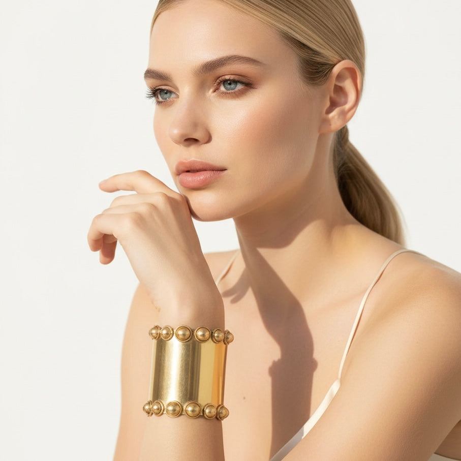 Gold Studded Wide Cuff Bracelet