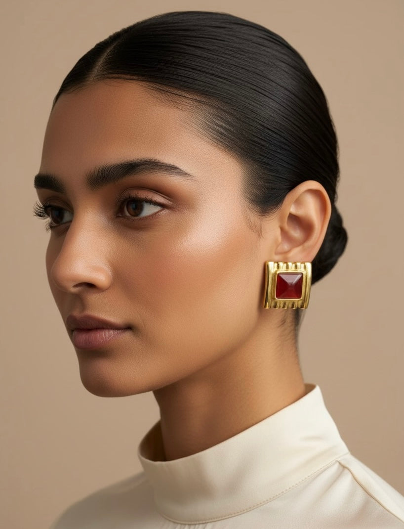 Square Striped Frame Red Earrings