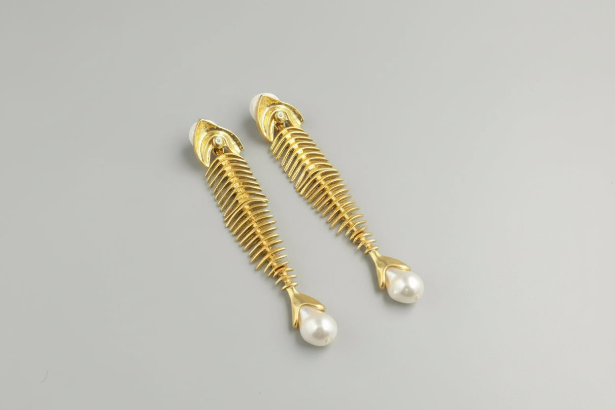 Pearl Fishbone Dangle Earrings