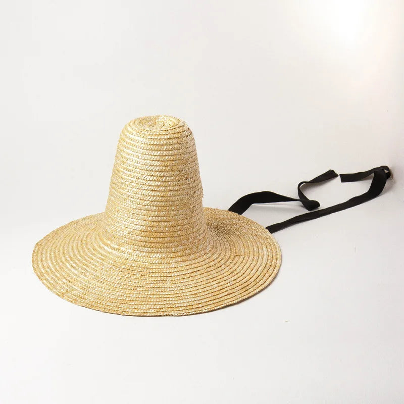 Pointed High Top Straw Sun Hat with Straps