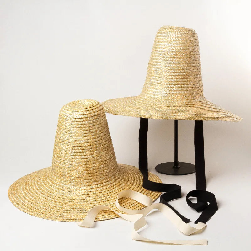 Pointed High Top Straw Sun Hat with Straps