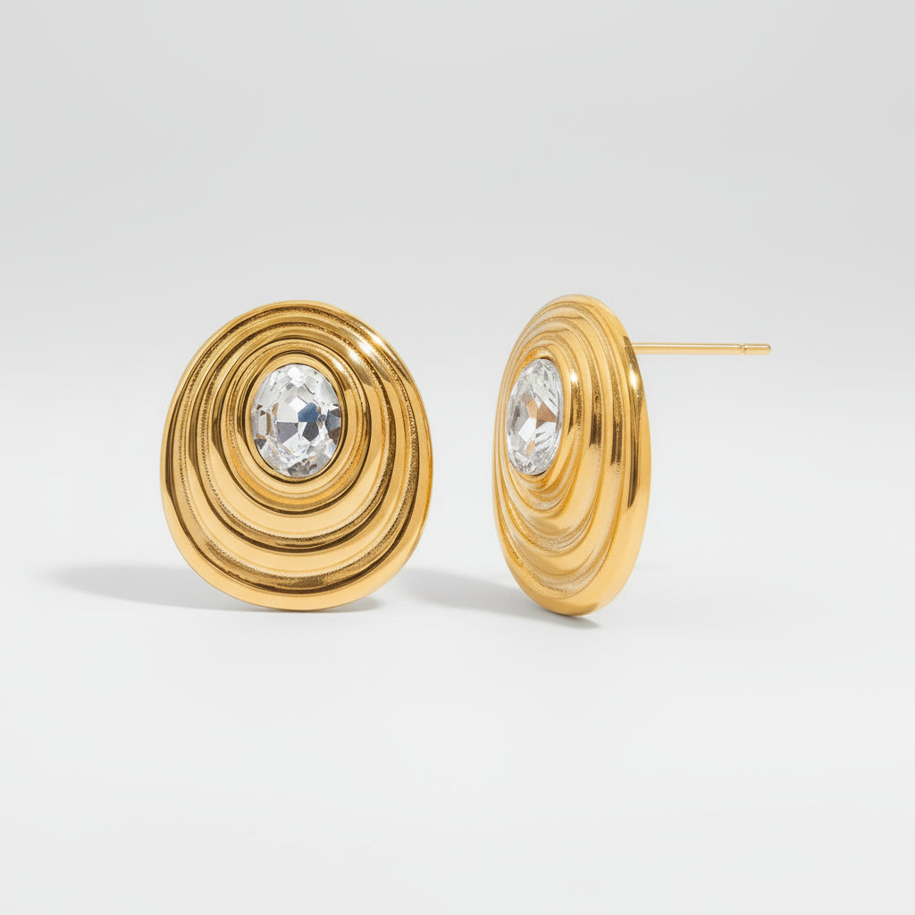 Round White Zircon Ribbed Ear Studs