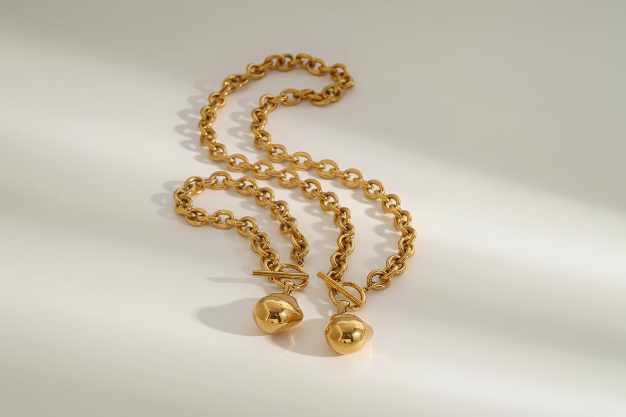 Gold Pearl Chain Necklace & Bracelet