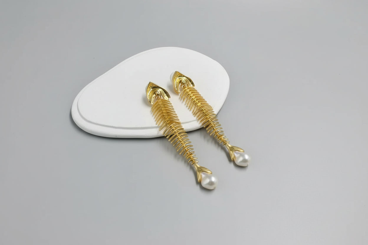 Pearl Fishbone Dangle Earrings