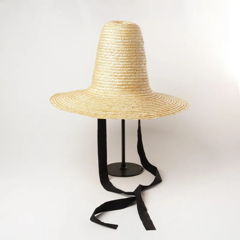 Pointed High Top Straw Sun Hat with Straps