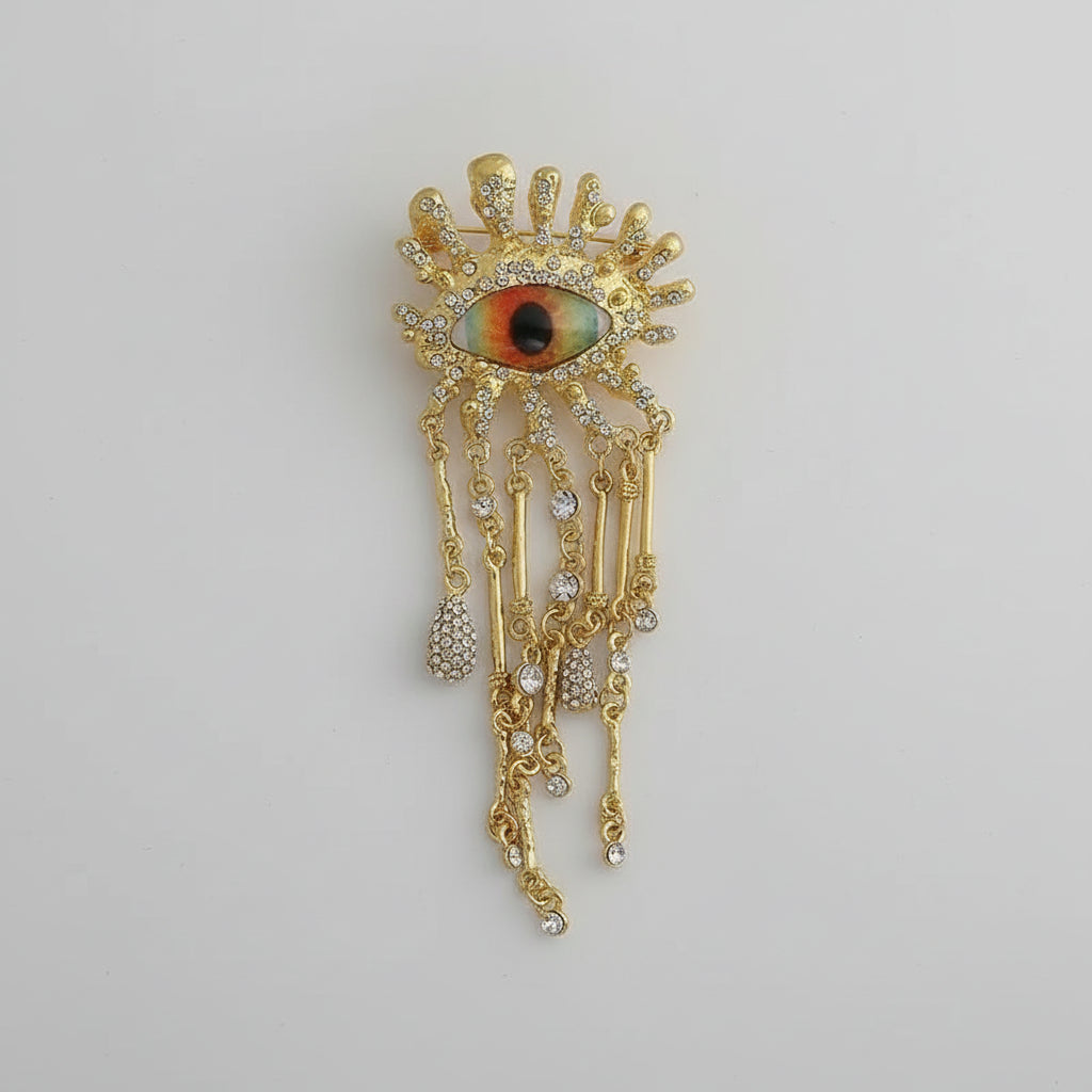Evil Eye Rhinestone Tassel Brooch