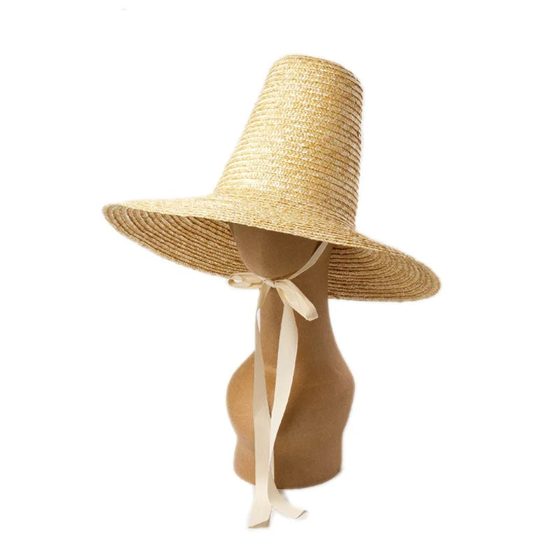 Pointed High Top Straw Sun Hat with Straps