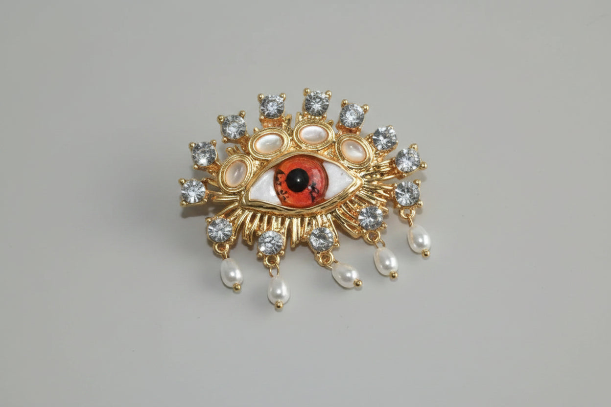Pearl Rhinestone Evil Brooch